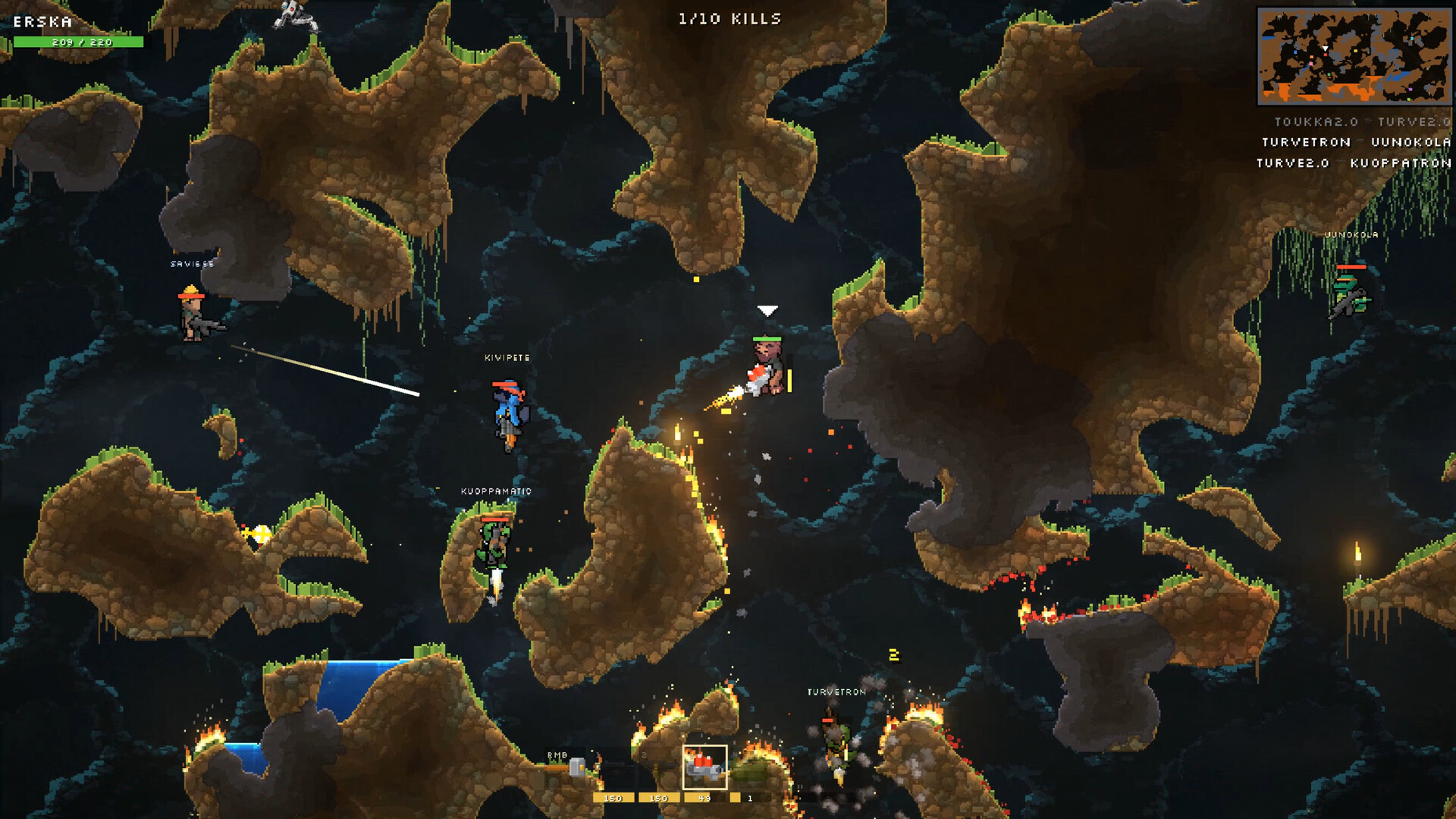 Dirtnap gameplay: jetpacking soldiers fighting across a destructible pixel-art cave